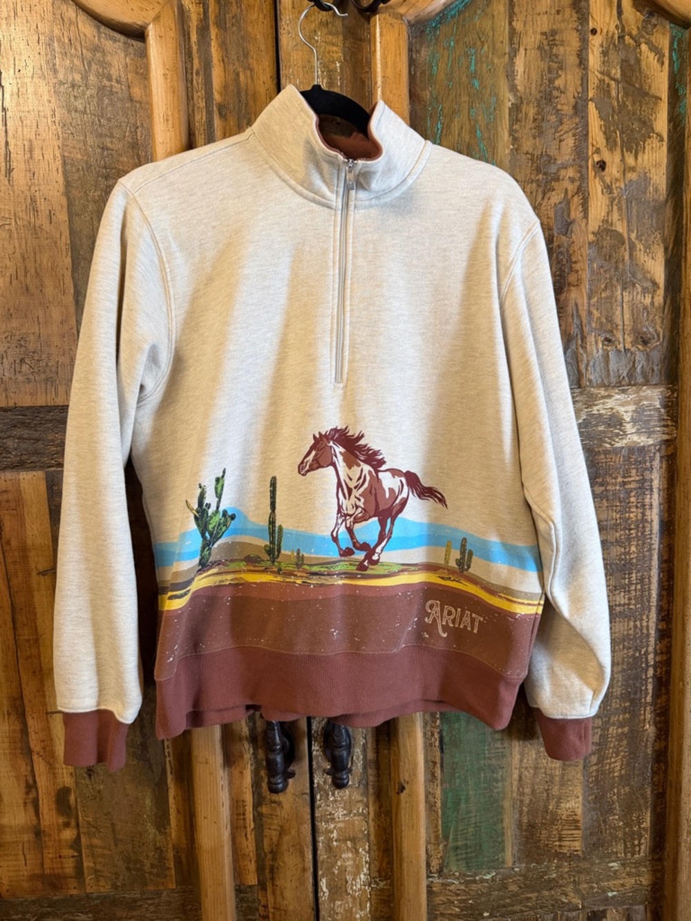 Ariat Men's Beige and Brown Quarter-Zip Sweater with Desert Horse Motif